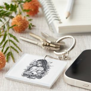 Gotische Suiker Schedel Vrouw Tatoeage Kunst Sleutelhanger