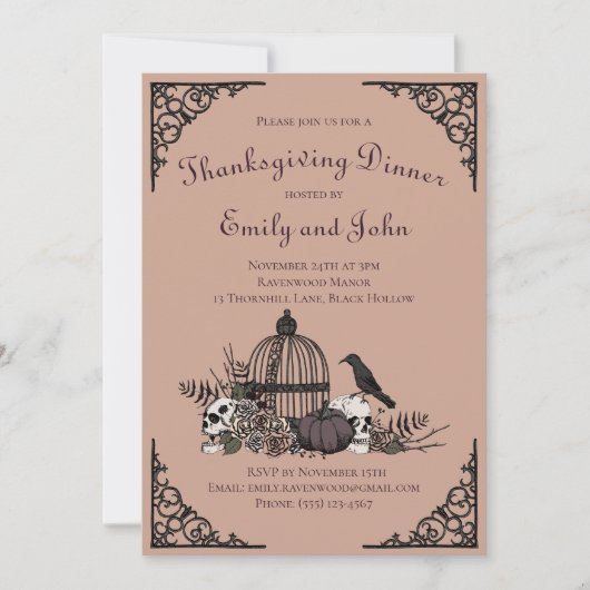 Gotische Thanksgiving Dinner Skulls, Pompoen, Rave Kaart (Voorkant)