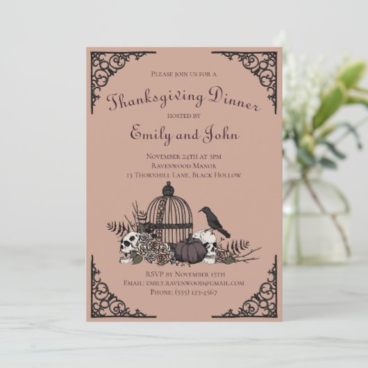 Gotische Thanksgiving Dinner Skulls, Pompoen, Rave Kaart (Staand voorkant)