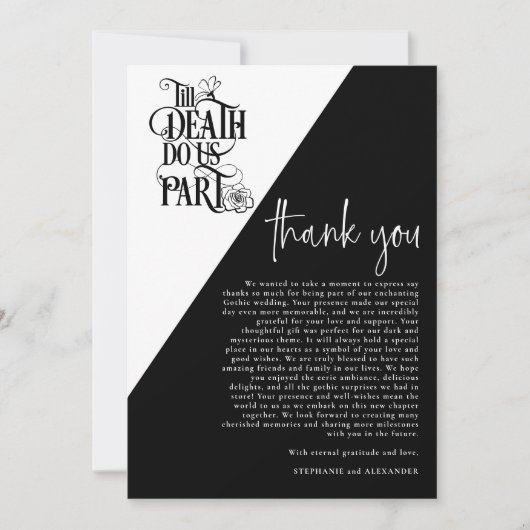 Gotische tot de dood doen ons deel zwart wit bruil bedankkaart (Voorkant)