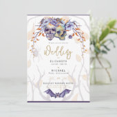 Gotische Trouw Uitnodiging Paarse Oranje Schedels (Staand voorkant)