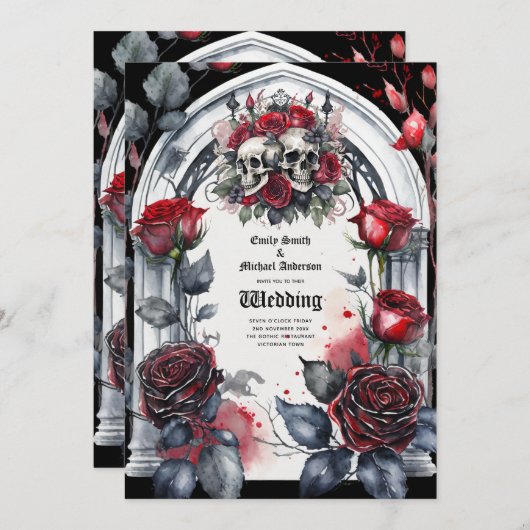 Gotische trouw zwarte rode rozen schedels boog kaart (Voorkant / Achterkant)