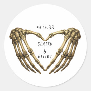 Gotische Trouwsticker Skelet Handen Hart Goud Ronde Sticker