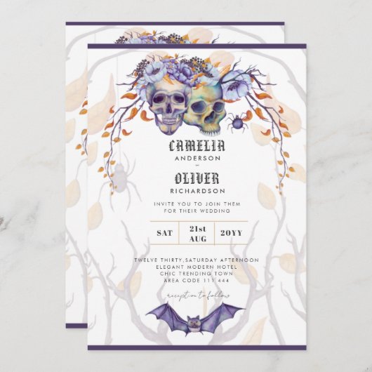 Gotische uitnodiging paarse sinaasappelschedels br (Voorkant / Achterkant)