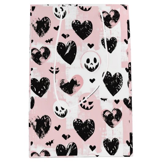 Gotische Valentijn Zwart en Roze Harten Medium Cadeauzakje (Voorkant)
