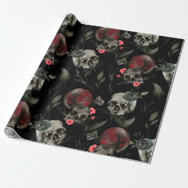 Gotische Valentijnsdag Rood Zwart Rozen Schedels Cadeaupapier