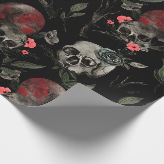 Gotische Valentijnsdag Rood Zwart Rozen Schedels Cadeaupapier (Hoek)