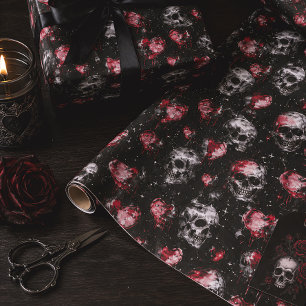 Gotische Valentijnsschedels & Rode Harten Cadeaupapier