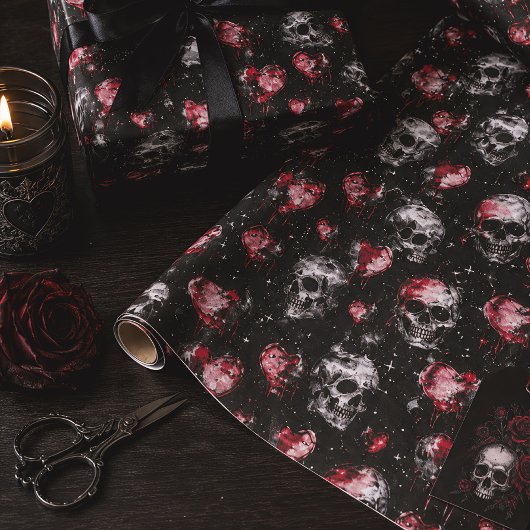 Gotische Valentijnsschedels & Rode Harten Cadeaupapier