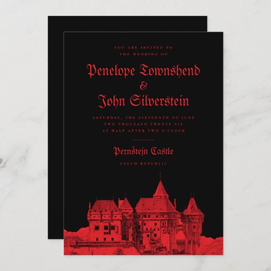 Gotische Vampier Kasteel Zwart Rood Huwelijk Kaart (Voorkant / Achterkant)