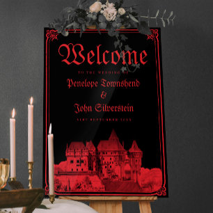 Gotische vampier kasteelrand zwart rood bruiloft acryl bord