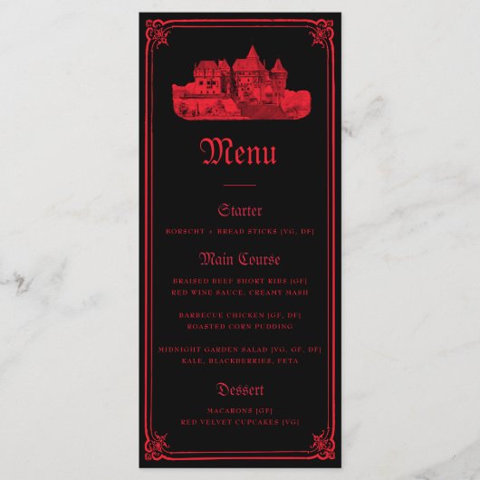 Gotische vampier kasteelrand zwart rood bruiloft  menu (Voorkant)