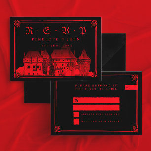 Gotische Vampieren Kasteel Rand Zwart Rood Trouwen RSVP Kaartje