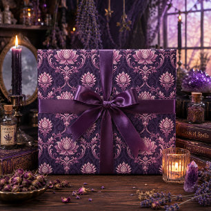 Gotische Victoriaanse Mauve Lotus Damast Cadeaupapier