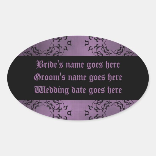 Gotische vieze paarse damask trouwlabels ovale sticker (Voorkant)