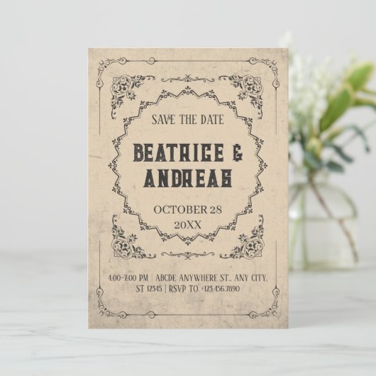 Gotische Vintage bruiloft Save The Date (Staand voorkant)