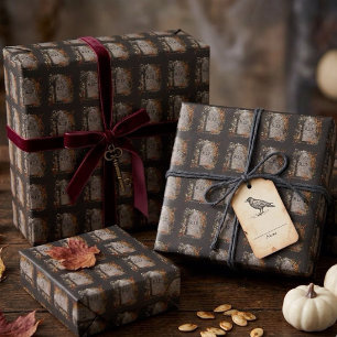 Gotische vintage R.I.P. grafsteen en herfstbladere Cadeaupapier