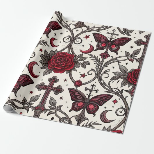 Gotische Vlinder Bloemmotief (1) Cadeaupapier (Uitgerold)