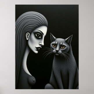 Gotische vrouw en kat Donkere monochroom fijnere k Poster