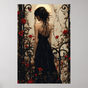 Gotische vrouw in zwarte jurk tussen rode rozen poster