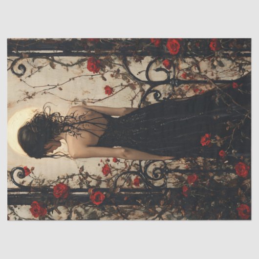 Gotische vrouw in zwarte jurk tussen rode rozen tissuepapier (Voorkant)