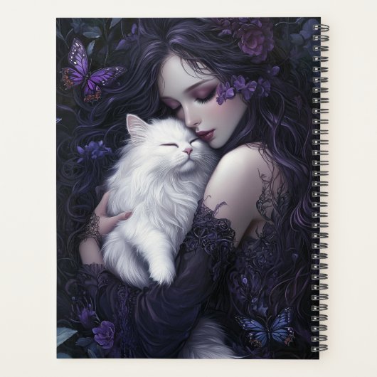 Gotische vrouw met witte kat planner (Achterkant)