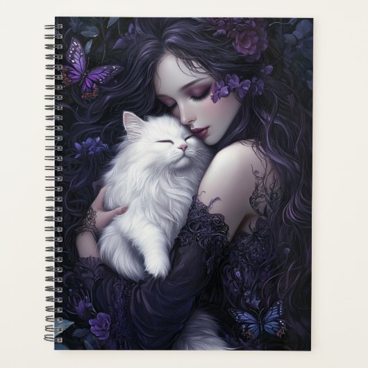 Gotische vrouw met witte kat planner (Voorkant)