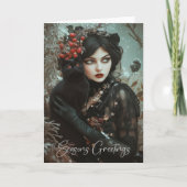 Gotische Vrouw Met Zwarte Kat Kerst Kaart (Voorkant)