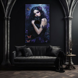 Gotische vrouw met zwarte kat poster