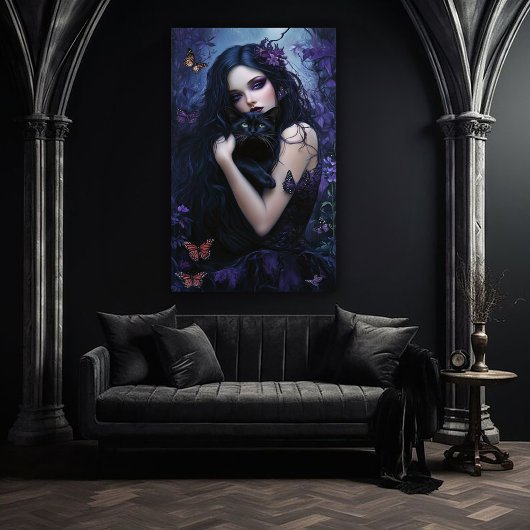 Gotische vrouw met zwarte kat poster