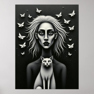 Gotische vrouw Vlinders en kat Donkere surrealist Poster