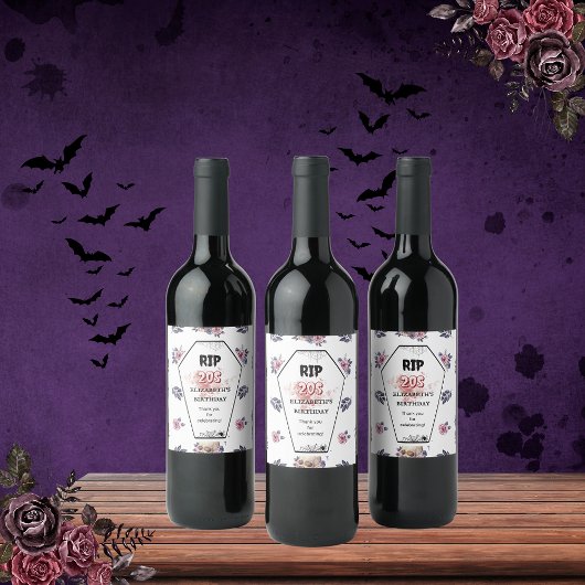 Gotische Waterverf RIP Verjaardag Coffin Skull Rav Wijn Etiket