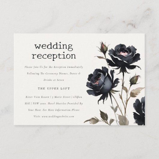 Gotische Waterverf Zwart Roos Bruiloft Receptie Informatiekaartje (Voorkant)