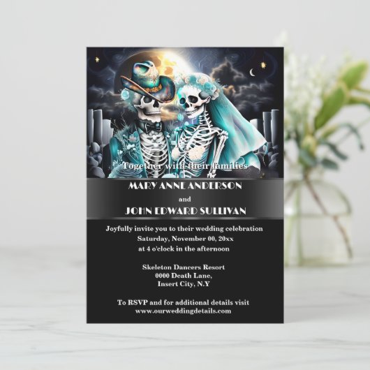 Gotische western skelet paar halloween bruiloft kaart (Staand voorkant)