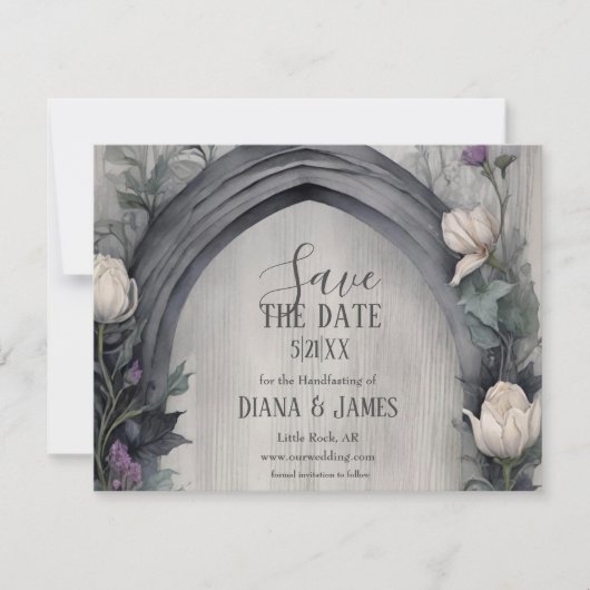 Gotische witte bloemenboog Pagan Handfasten Save The Date (Voorkant)