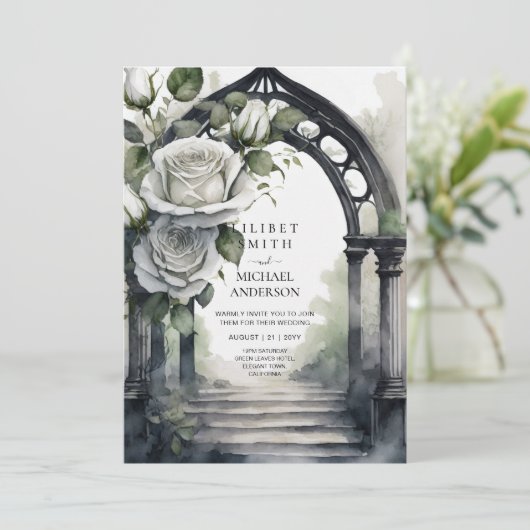Gotische witte rozen bruiloft kaart (Staand voorkant)