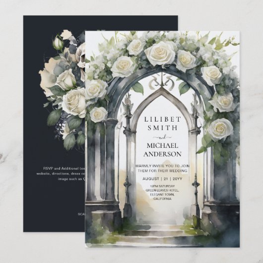 Gotische witte rozen bruiloft kaart (Voorkant / Achterkant)