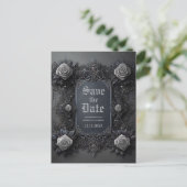 Gotische witte rozen op grijs Save the Date Aankondigingskaart (Staand voorkant)