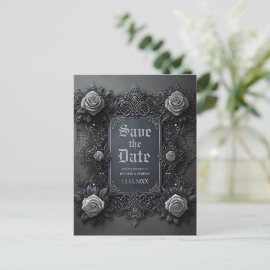 Gotische witte rozen op grijs Save the Date Aankondigingskaart (Staand voorkant)