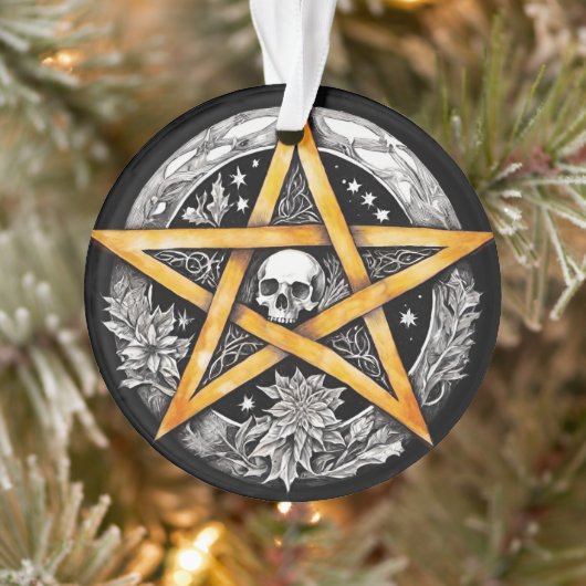 Gotische Yule Tree Pentacle & Skull Zwart & Wit Ornament (Boom)