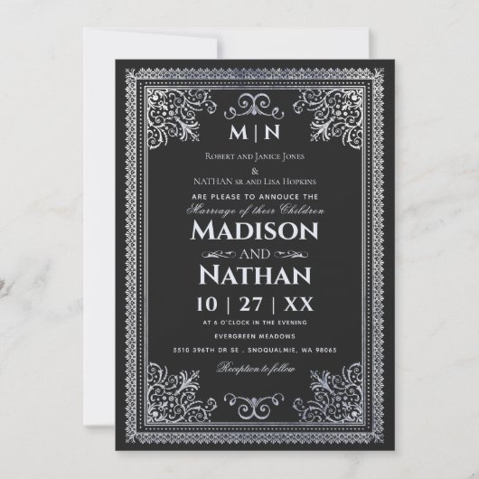  Gotische Zilveren Victoriaans Huwelijksuitnodigin Kaart (Voorkant)