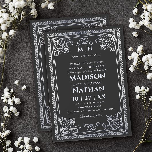  Gotische Zilveren Victoriaans Huwelijksuitnodigin Kaart