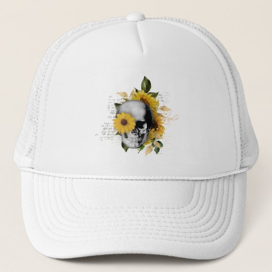 Gotische zonnebloem skelet trucker pet (Voorkant)