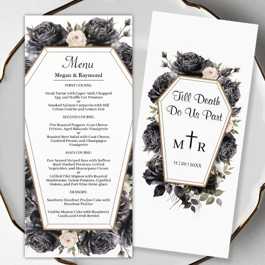 Gotische  Zwart Bloemen Bruiloft Menu