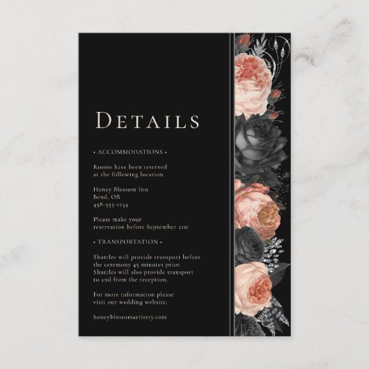 Gotische Zwart Blush Bruiloft Details Informatiekaartje (Voorkant)
