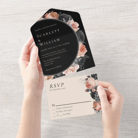 Gotische  Zwart Blush Eenvoudige RSVP Bruiloft All In One Uitnodiging (Afscheurbaar)