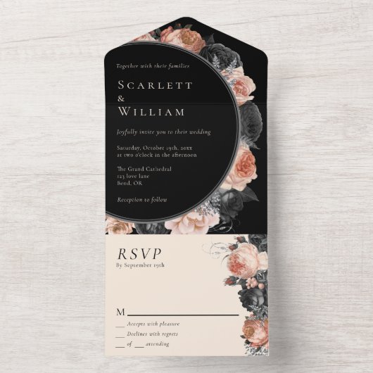 Gotische Zwart Blush Eenvoudige RSVP Bruiloft All In One Uitnodiging (Binnen)