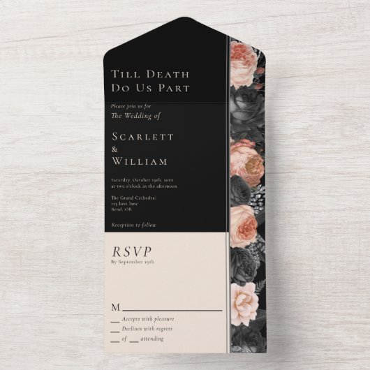 Gotische  Zwart Blush Till Death Bruiloft All In One Uitnodiging (Binnen)