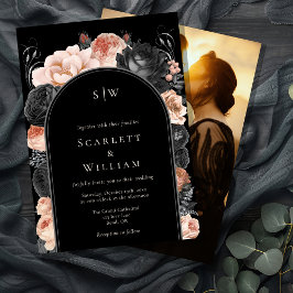 Gotische  zwart boog monogram foto bruiloft kaart