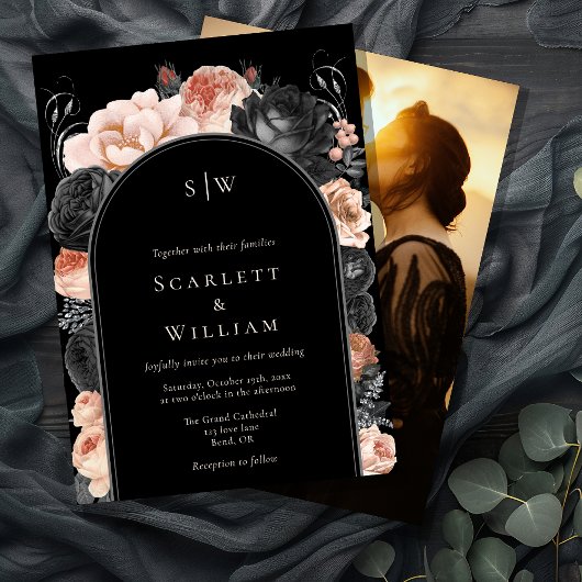 Gotische  zwart boog monogram foto bruiloft kaart